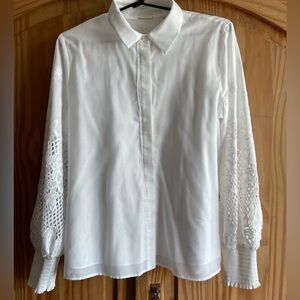 Elie Tahari White Cotton Shirt With Crocheted 
Sleeves Size M